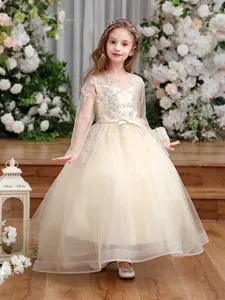 Girls Champagne Lace Sequin Princess Dress Bow Waist Mesh Tulle Elegant Formal Gown Wedding Party Piano Performance Kids Dress