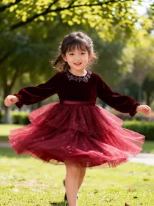 Elegant girls' burgundy velvet and tulle princess dress with sparkling sequin embroidery