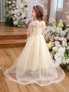 Elegant champagne girls tutu princess dress with lace floral embroidery for piano performance