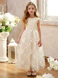 Mädchen Spitze Blumenstickerei Ärmelloses Langes Kleid Hochzeit Blumenmädchen Prinzessin Formelle Party Zeremonie Abendkleid