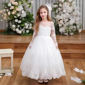 Exquisite detail of white girl princess dress featuring floral lace embroidery and mesh