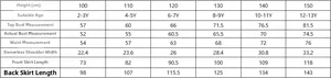 Detailed size chart for pink girls princess dress showing age, height and chest measurements