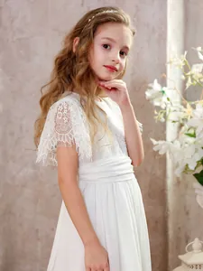 Weißes Prinzessinnenkleid für Mädchen mit Spitzenstickerei und langem Chiffonrock