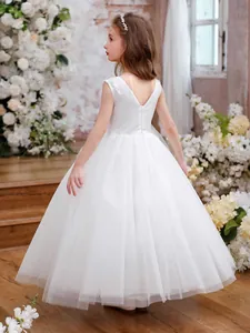 Elegant white sleeveless tulle flower girl dress with a V-neck and layered mesh skirt