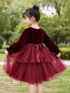 Girls burgundy velvet princess dress with sparkling starry tulle skirt for party wear