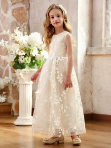 Elegantes ärmelloses Blumenmädchenkleid in Elfenbein mit floraler Spitze Bestickt