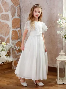 Weißes Blumenmädchenkleid aus Spitze und Chiffon mit Glockenärmeln für festliche Anlässe