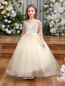 Detail of cream girls princess dress featuring lace embroidery and sheer tulle cape sleeves