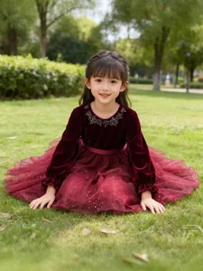 Elegant wine red girls velvet long sleeve princess dress with sparkly sequin tulle skirt