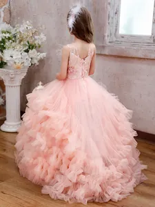 Elegant pink luxury girls' gown with floral embroidery and sequins on layered tulle