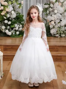 Girls Princess Tulle Wedding Party Dress Lace Embroidery Long Sleeve Flower Girl Gown Formal Performance Birthday Ceremony Dress
