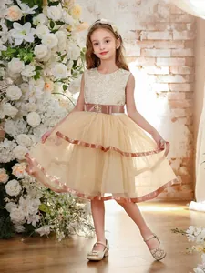 Girls Princess Lace Tulle Sleeveless Trailing Evening Gown Flower Girl Wedding Party Dress Champagne Gold Bow Kids Gown