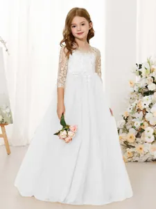 Elegante vestido blanco de encaje para niña con manga larga y falda de tul
