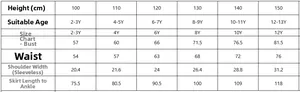 Size chart for girls flower girl dress with chest waist and length measurements