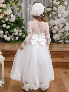 White lace flower girl princess dress with back bow and pearl buttons for weddings