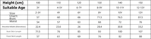 Detailed size chart for girls' evening dresses including height, age, and measurements