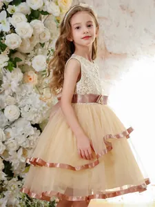 Elegant sleeveless tulle flower girl dress with ivory lace bodice and champagne satin belt