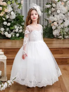 Elegant white lace princess ball gown with long sleeves and layered tulle skirt for girls