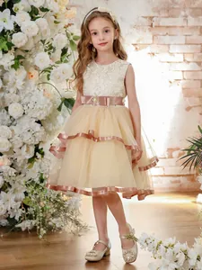 Sleeveless champagne girls princess dress with lace floral bodice and tulle trailing skirt