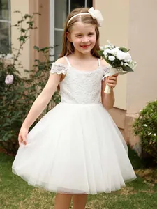 Kids Girls Lace Wedding Dress Flower Girl Off Shoulder Princess Mesh Tulle Gown For Birthday Party Piano Performance Stage Host Dress
