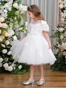 Elegantes weißes Prinzessinnenkleid für Mädchen mit Blumenstickerei und Tüllrock