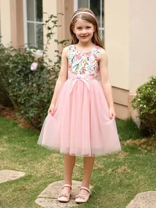 Filles Fleur Imprimé Princesse Robe Sans Manches Tulle Tutu Mariage Fête Robe Avec Nœud Ceinture Été Casual Enfants Vêtements