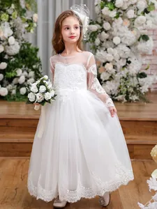 White lace children princess gown with long mesh sleeves and floral embroidery for weddings