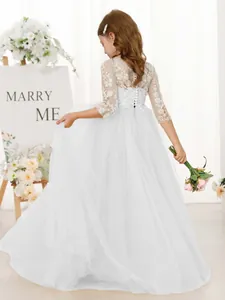 Vestido de fiesta blanco para niña con encaje, manga larga y falda de tul de varias capas