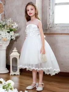 White sleeveless girls princess dress with lace floral bodice and tulle high-low hem