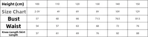 Detailed size chart for girls lace dress showing chest, waist, and length measurements