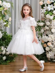 Elegantes weißes Blumenmädchen-Prinzessinnenkleid mit 3D-Blumenstickerei und Netzärmeln