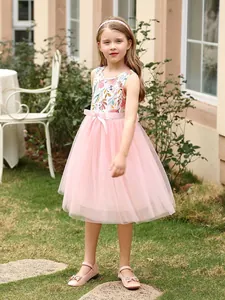 Robe de princesse sans manches pour fille avec imprimé fleuri et jupe en tulle rose