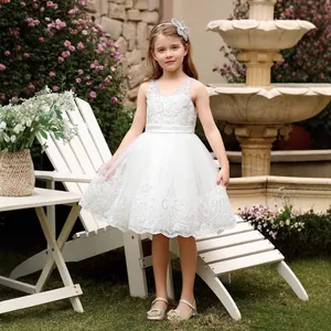 Détails de la robe en dentelle blanche pour filles avec broderie florale et jupe en tulle