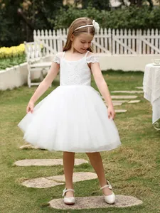 Elegant white lace flower girl dress with layered tulle skirt for birthday or parties