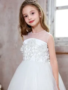Elegant sleeveless white flower girl dress with lace embroidery and layered tulle skirt