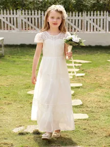 Filles Blanc Cassé Dentelle Robe de Princesse Élégante Robe de Cérémonie Mariage Fête Manche Courte Nœud Tulle Robe Longue