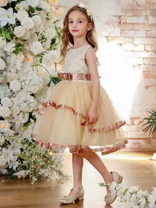 Detailed lace bodice and champagne satin bow on a sleeveless girls princess tulle dress