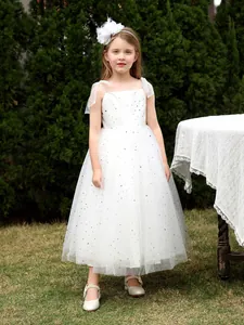 Abito da Principessa in Tulle con Paillettes a Stella per Bambina Spalline Sottili Fiocco Matrimonio Festa Abito da Ballo