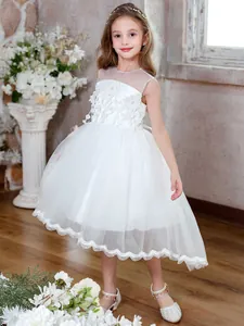 Macro shot of white girls princess dress featuring 3D floral lace and fine mesh embroidery