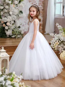 Elegant white sleeveless girls flower girl dress with layered tulle and pearl details