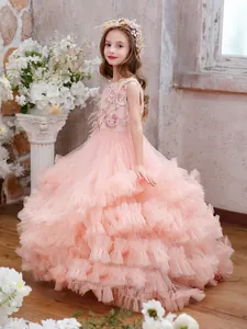 Pink high-end girls' princess dress with floral embroidery, tulle ruffles, and feathers
