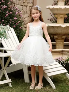 Robe de Cérémonie Princesse Fille Dentelle Maille Tulle Sans Manches Nœud Mariage Anniversaire Fête Broderie Robe