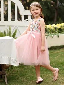 Robe d'été sans manches pour fille avec fleurs et jupe en tulle rose à nœud papillon