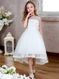 Detail of white girl's princess dress featuring 3D floral lace embroidery and mesh layers
