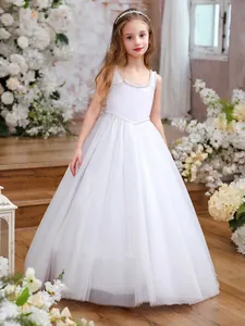 Girls Sleeveless Artificial Pearl Princess Dress White Mesh Flower Girl Wedding Party Formal Gown Piano Performance Children Dress