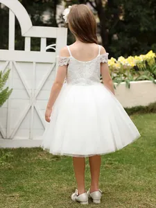 Elegant white lace flower girl dress with tulle skirt and off-shoulder straps for weddings