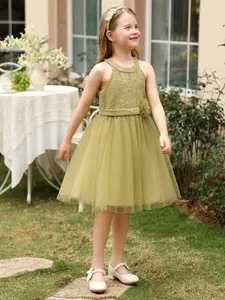 Élégante robe de princesse sans manches en dentelle et tulle vert olive pour filles