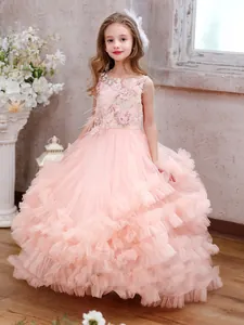 Elegant pink flower girl dress with layered tulle skirt and 3D floral embroidery