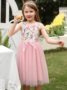 Robe de princesse fleurie sans manches pour filles avec jupe en tulle rose et nœud