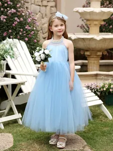 Vestido de Princesa de Tul con Cuello Halter y Espalda Descubierta para Niñas con Perlas Vestido de Dama de Honor para Boda Fiesta Niños Ropa Formal